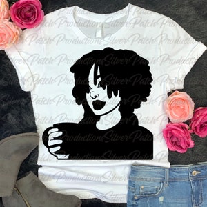May include: Black and white illustration of a person with curly hair holding a cup of coffee. The person is wearing a black shirt.
