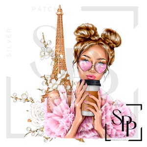 UV DTF Mooie vrouw Blond haar Parijs Eiffeltoren Ruches Print Klaar om aan te brengen Permanente zelfklevende sticker Cups Telefoonhoesjes Bril Auto's