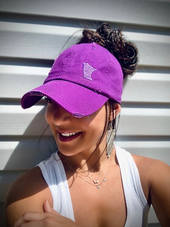 Women's MN Embroidered Grey High Ponytail, Messy Bun Baseball Style Slouch Hat