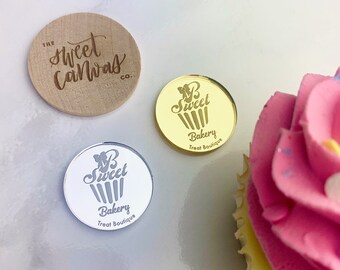 Baker's Custom Logo Cake Charm, Label, Brand,Disc, Coin, Topper, Made from Wood and Acrylic - VARIOUS COLORS