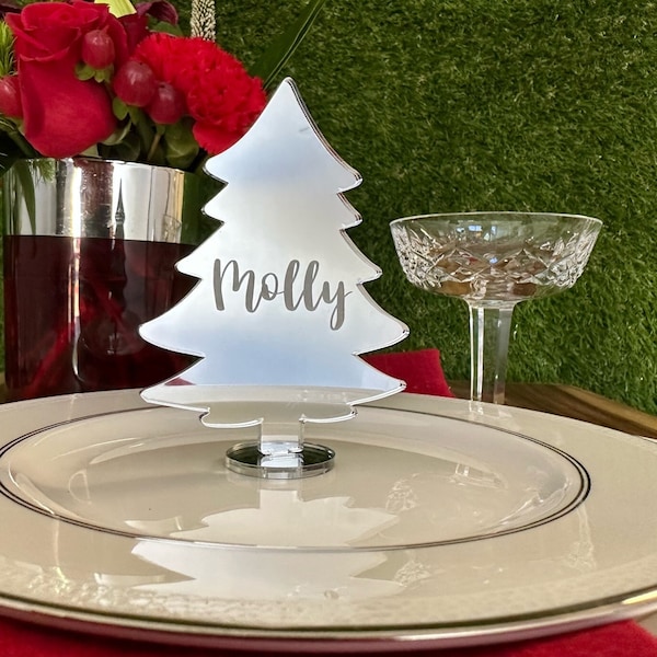 Name Place Card Christmas Tree Personalized | Custom Guest Card | Holiday Place Setting in Silver Mirror | Engraved | Printed Acrylic