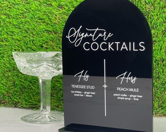 His and Hers Signature Drink Bar Sign, Standing Wedding Sign, Arched Round Top Black and White