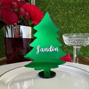 Name Place Card Christmas Tree Personalized | Custom Guest Card | Holiday Place Setting in Green Mirror | Engraved | Printed Acrylic