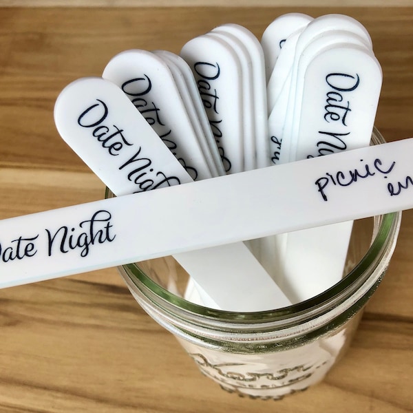 Date Night Idea Jar Sticks, Made from White Acrylic. Wedding, Anniversary, or Bridal Shower Party Game. Date Night Box