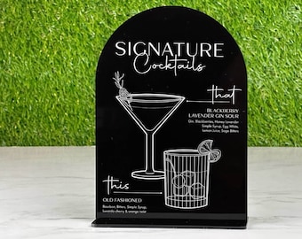 Minimalist His and Hers Signature Drink Bar Sign, Standing Bar Top Wedding Sign, Arched Round Top Black & White, Mid Century Modern Retro