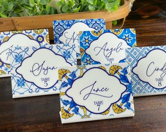 Blue Tile Place Cards, Table Numbers for Seating Chart. Lemon and Navy Wedding, Printed on White Acrylic. Amalfi, Italy, Capri, Tuscan