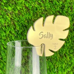 Monstera Escort Card, Acrylic Champagne Drink Name Tag Rounds, Stemless Stirrers. HOLDS Glass!