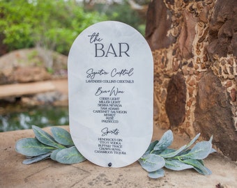 Custom Marble Bar Menu, Arched Acrylic Sign w/ Printed Marble Pattern, Signature Cocktails Minimalist. Includes stand.