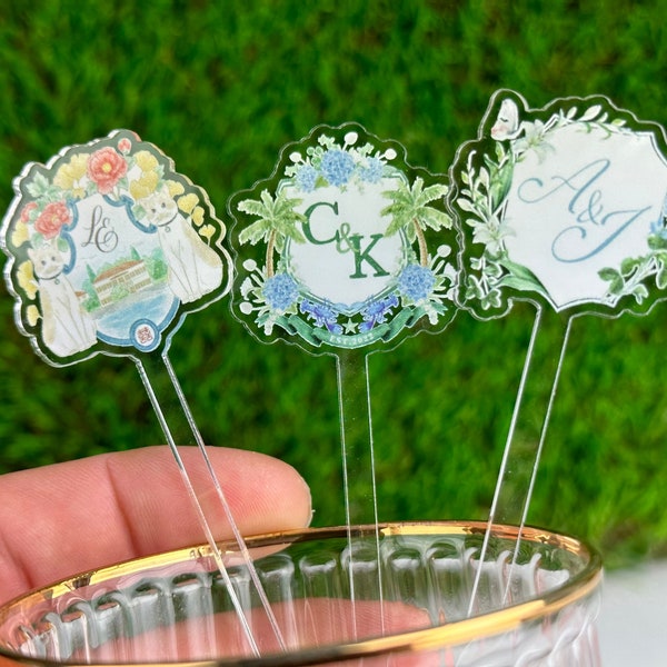 Wedding Crest Stir Sticks, Custom Monogram Drink Stirrers, Your Logo Printed on Acrylic Cocktail Swizzle, 2-Sided Signature Drink Bar
