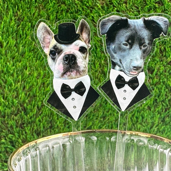 Printed Signature Dog Pet Stir Stick,  I Do Too & Dog Of Honor, Tuxedo bowtie, Watercolor Acrylic Cocktail sticks, Wedding Drink Sticks