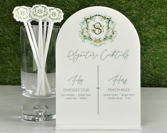 His and Hers Signature Drink Bar Menu Sign, Your Crest | Monogram Wedding Sign, Arched Round Top
