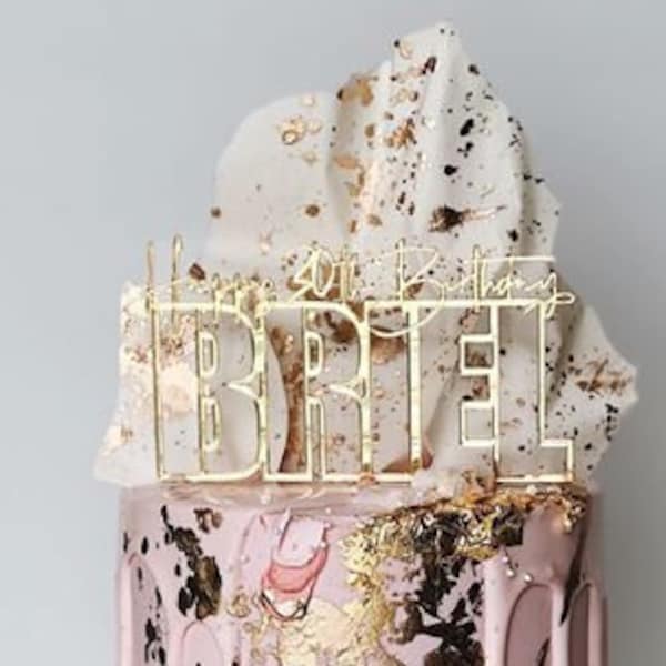 Happy Birthday Cake Topper w/ Custom Name, Laser Cut Gold Mirror 1/8" Acrylic