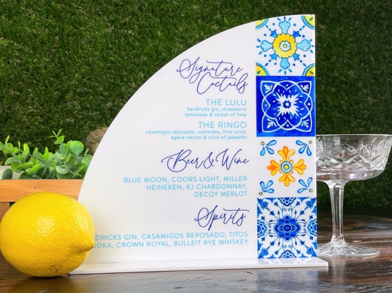 Lemon and Navy Bar Menu, Blue Tile Signature Cocktail Drinks. Custom Printed on White Acrylic. Amalfi Italy, Capri, Tuscan