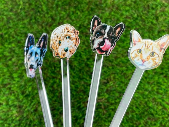 Dog Stir Sticks with Your Pet's Photo, Wedding Signature Drink Stirrers, Custom 2-Sided Acrylic Cocktail Swizzle, Dog of Honor Bar Decor
