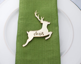 Name Place Card Reindeer | Custom Guest Name Christmas Holiday Place Card in GOLD Mirror | Silver Mirror, Green, Red Acrylic | Laser Cut