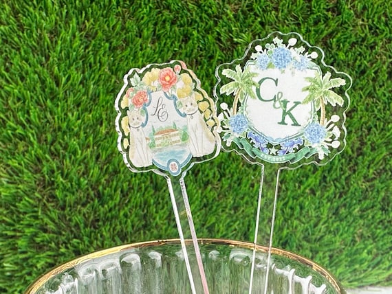 Print Your Crest and Monogram Acrylic Stir Sticks,  Cocktail Stirrers, Custom Wedding Swizzle, 2-Sided