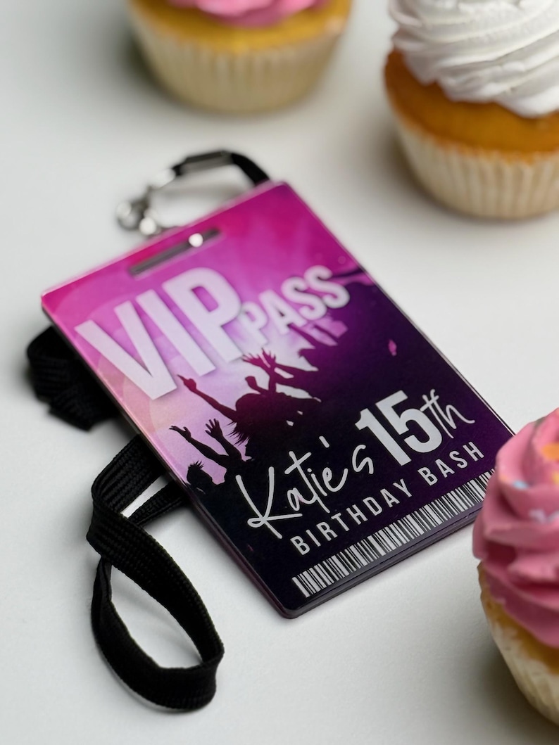 VIP Pass Option 3 with black back that can be customized to your party with name, date and add a QR code or message to the back.