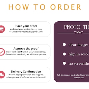 Puede incluir: Una gu&iacute;a de tres pasos sobre c&oacute;mo pedir recortes de papel personalizados. Los pasos son: 1. Haz tu pedido y env&iacute;a fotos a trav&eacute;s de un mensaje de Etsy o un correo electr&oacute;nico. 2. Aprueba la prueba, que se enviar&aacute; en un plazo de 1 a 2 semanas. 3. Se enviar&aacute; una confirmaci&oacute;n de entrega por correo electr&oacute;nico despu&eacute;s de la aprobaci&oacute;n. Consejos para las fotos: im&aacute;genes claras, alta resoluci&oacute;n y sin capturas de pantalla.