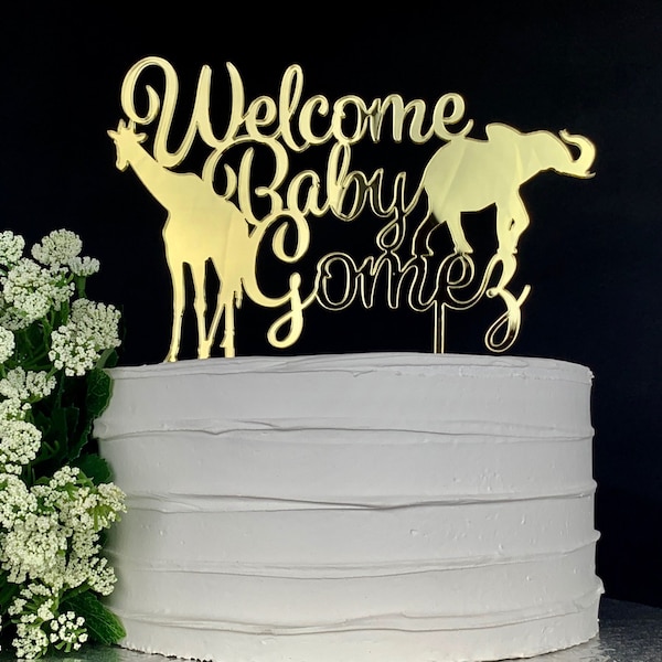 Safari Animal Cake Topper, Custom with Any Name, Baby Shower, GOLD or SILVER, Cake Topper, Jungle Party Decor