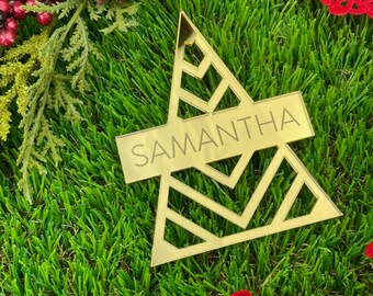 Modern Tree with Banner Name Place Card, Christmas Party Place Cards, Christmas Dinner Name Cards, Gold Name Ornaments