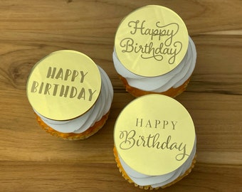 Happy Birthday Cupcake Rounds/Medallions (Sets of 6), Multiple Font Birthday Cake Decor,
