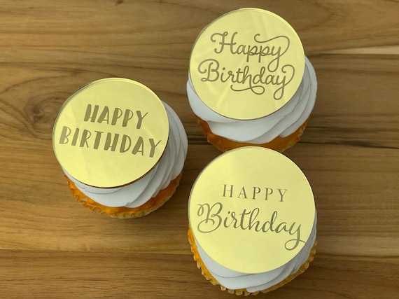 Happy Birthday Cupcake Rounds/Medallions (Sets of 6), Multiple Font Birthday Cake Decor,