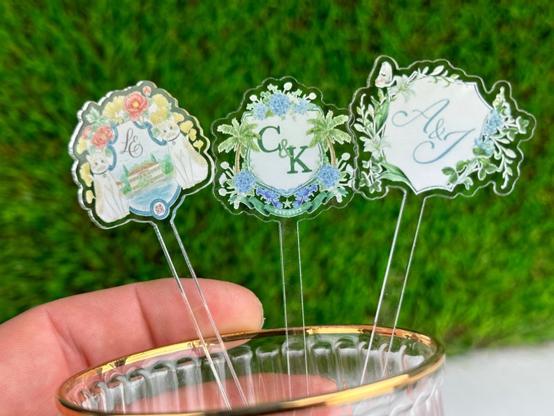 Custom Printed Acrylic Wedding Crest Drink Stirrers, Printed directly onto acrylic with high adhesion ink, Different sizes available to match your glassware