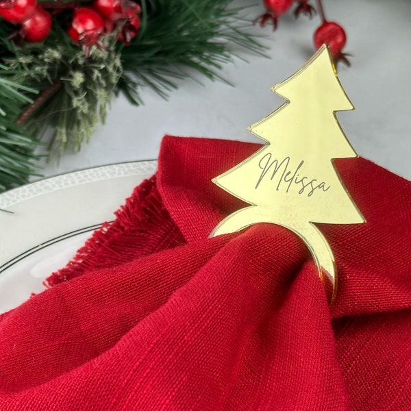 Christmas Tree Napkin Ring &  Place Card, Laser cut From Gold or Silver Acrylic Mirror - NR PC Tree