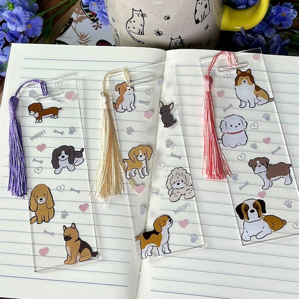 Three Custom Acrylic Bookmark, Dog Themed, Cute Dog Pattern, Acrylic Bookmark With Tassel, Dog Pattern Bookmark, MG