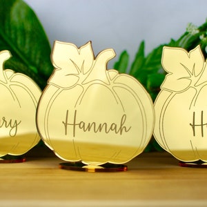 Custom Pumpkin Name Place Cards, Standing Thanksgiving Name Card Acrylic Mirror, Laser Cut & Engraved, Fall Table Decor