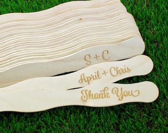 25 Fan Sticks Custom Engraved, 8 inch Wooden Wavy Wedding Fan Sticks (set of 25)