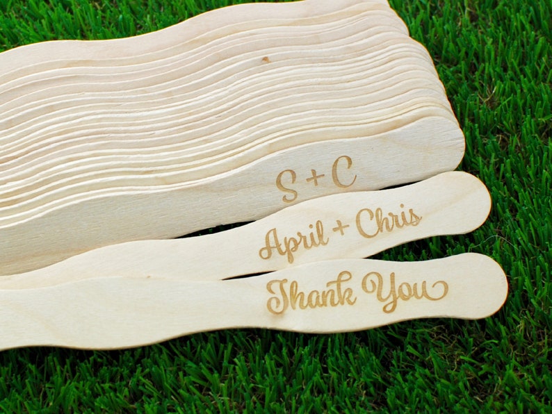 25 Fan Sticks Custom Engraved, 8 inch Wooden Wavy Wedding Fan Sticks set of 25 image 1