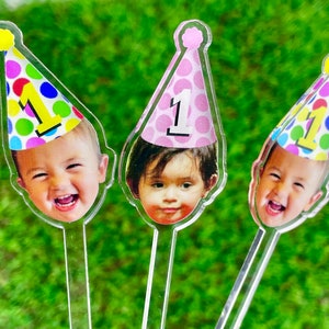 Custom Face Drink Stir Sticks, Print Your Baby Child&#39;s Face w/ Party Hat. First Birthday, Bachelorette, Personalized Cocktail Stirrers.