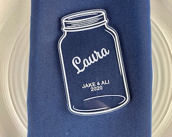 Clear Mason Jar Wedding Place Card | Engraved Rustic Country Western Simple Laser Cut w/ in Wood, Silver, Rose Gold Mirrored Acrylic
