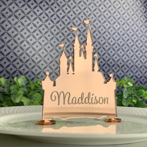 Castle Wedding Name Place Card, Sign, Centerpiece, Table Numbers, Cake Topper | Engraved Laser Cut in Gold Silver Mirrored Acrylic