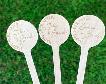 50 Custom Stir Sticks, Happily Ever After Cocktail Sticks, Wedding Drink Stirrers, Design by Yaya - Round Top