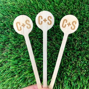 50 Custom Wood Engraved Stir Sticks, Cocktail Sticks, Wedding Drink Sticks  ONE-SIDED Round Top 