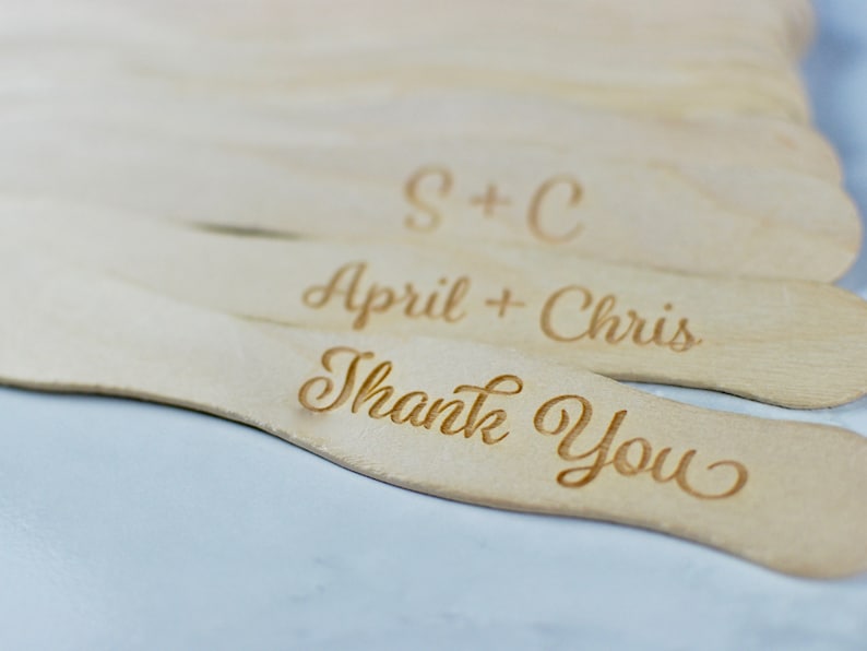 25 Fan Sticks Custom Engraved, 8 inch Wooden Wavy Wedding Fan Sticks set of 25 image 2