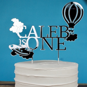 Any Name Airplane/Hot Air Balloon Birthday Cake Topper, Gold or Silver, Up In The Air First Birthday