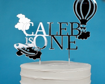 Any Name Airplane/Hot Air Balloon Birthday Cake Topper, Gold or Silver, Up In The Air First Birthday