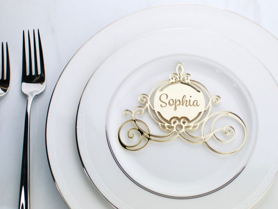 Engraved Wedding Name Place Card | Whimsical Cinderella Carriage | Laser Cut w/ Guest Name in Gold or Silver Mirrored Acrylic | Disney
