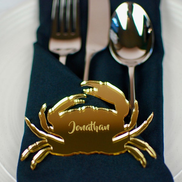 Crab Wedding Name Place Card | Nautical Beach Table Decorations, Laser Cut Gold Mirrored Acrylic