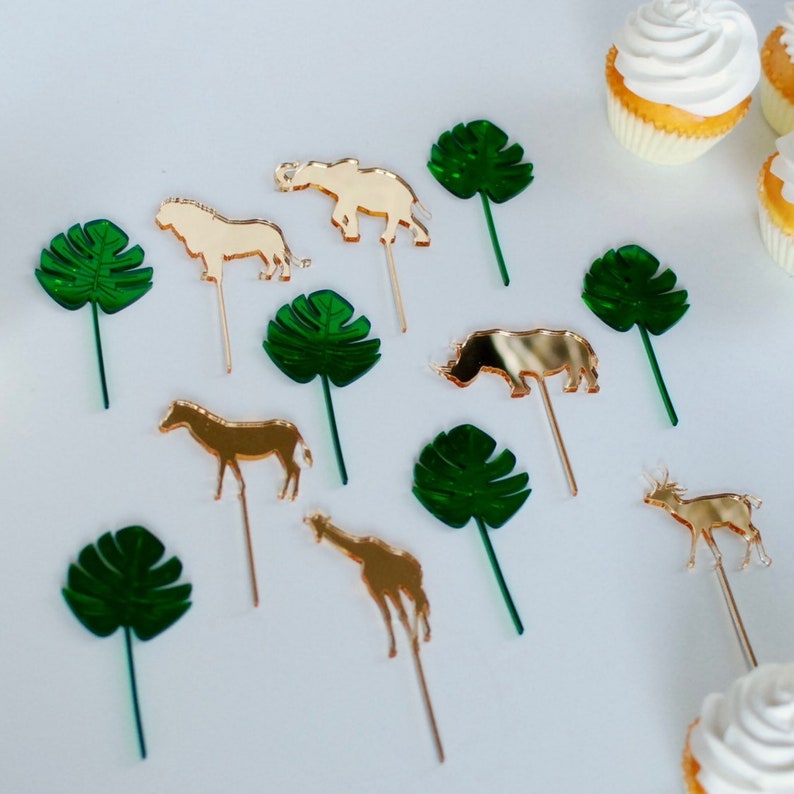 Gold Safari Birthday/baby shower Animal Cupcake Toppers, Wild One Birthday, Jungle Party, elephant, giraffe, lion, rhino & monstera leaves image 2