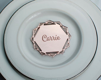 Hexagon Wedding Name Place Card |Table Decorations Modern Geometric Favor | Laser Cut w/ in Gold, Rose Gold, Silver Mirrored Acrylic V13