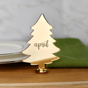 Name Place Card Christmas Tree Personalized | Custom Guest Card | Holiday Place Setting in GOLD Mirror | Engraved | Acrylic | Laser Cut Stn