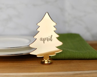 Name Place Card Christmas Tree Personalized | Custom Guest Card | Holiday Place Setting in GOLD Mirror | Engraved | Acrylic | Laser Cut Stn