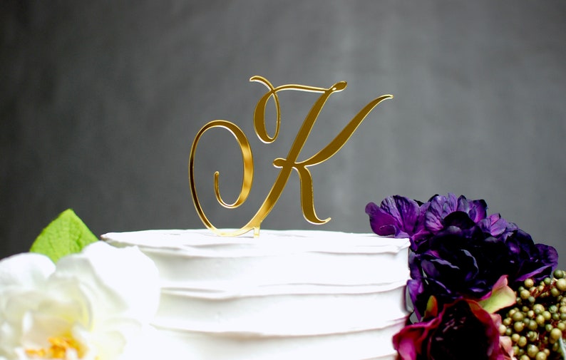 Monogram Cake Topper Gold Mirror Single K Wedding Elegant Etsy