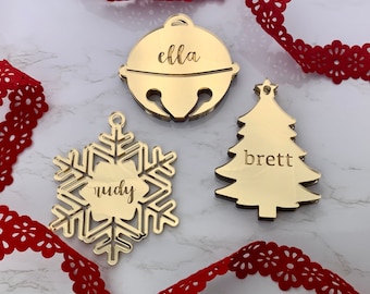 Personalized Name Ornament Sleigh Bell | Custom Gift Tag | Christmas Holiday Tags in GOLD Mirror | SILVER Mirror | Acrylic | Laser Cut