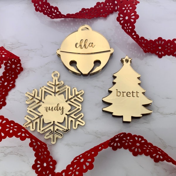 Personalized Name Ornament Sleigh Bell | Custom Gift Tag | Christmas Holiday Tags in GOLD Mirror | SILVER Mirror | Acrylic | Laser Cut