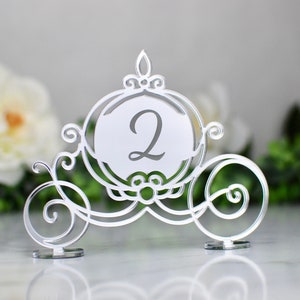 Cinderella Carriage Wedding Table Number | Whimsical  | Engraved Laser Cut in Gold or Silver Mirrored Acrylic